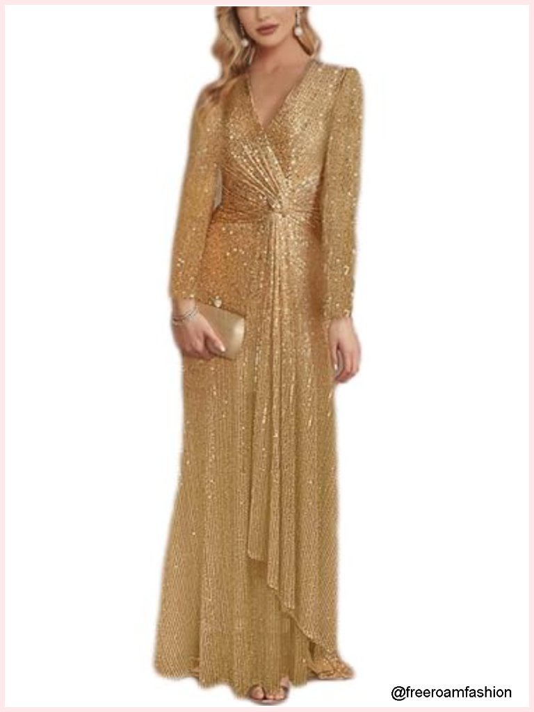 Long Sleeve Sequin Maxi Dress With Slit Formal V Neck Sparkly